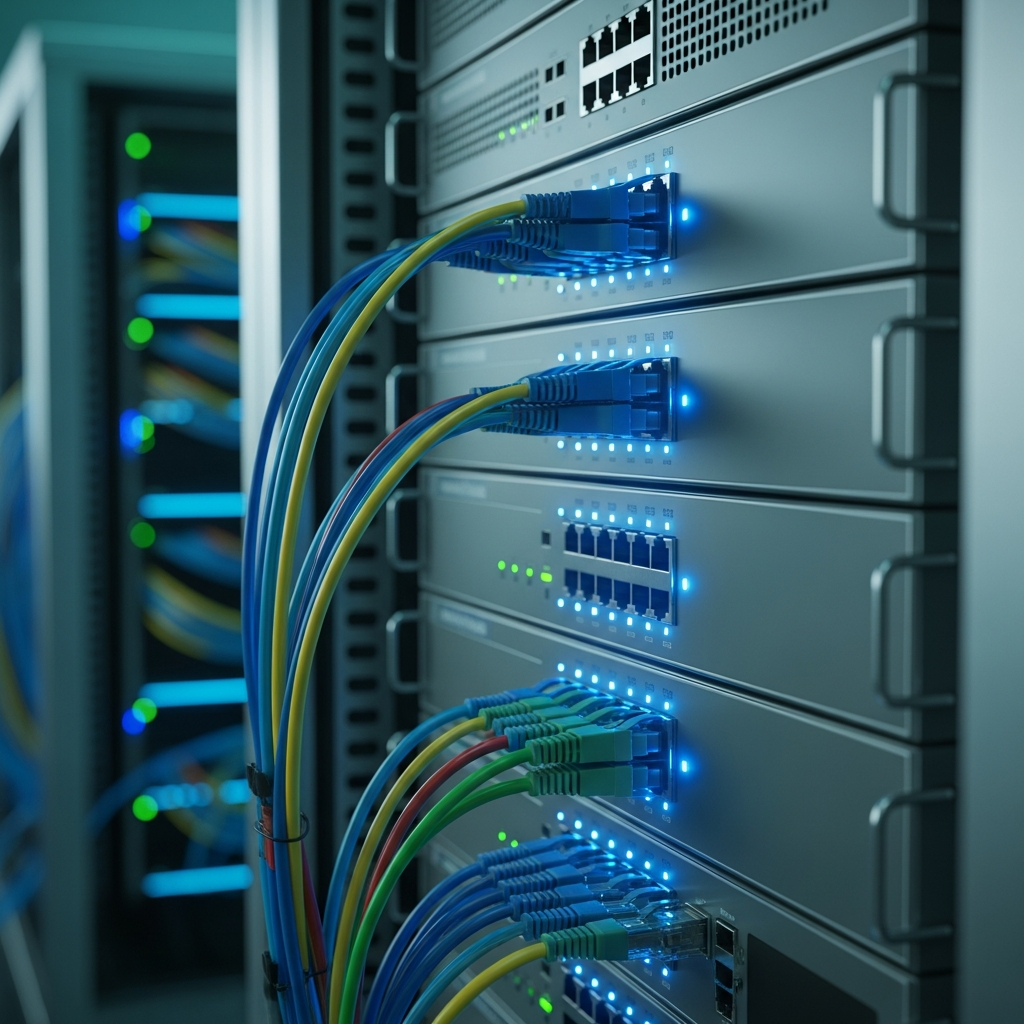 IT-Infrastruktur – Netzwerk-Switches mit Kabeln